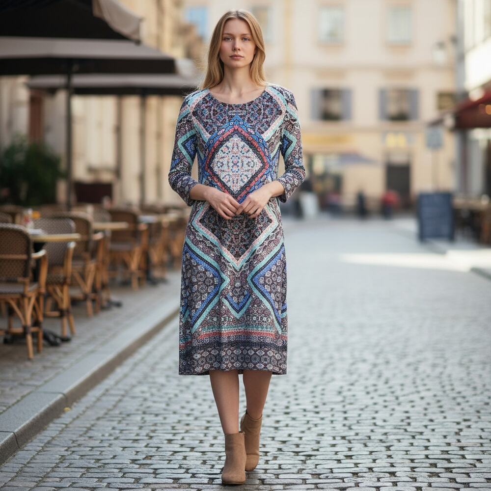 Patchwork Boho Dress Womens Sz 16 Black Multi Print Half Sleeve Midi Be Chetta